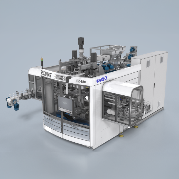 E-380 compact electric plastic blow molding machine by Techne Packaging, ideal for production requiring frequent format changeovers and small batches.